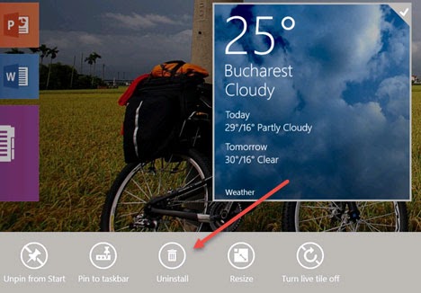 Kích chuột phải hoặc bấm và giữ vào tên của tile trong kết quả tìm kiếm sau đó nhấn Uninstall