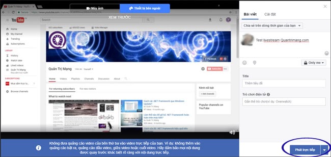 Bấm nút này để phát trực tiếp video trên FB