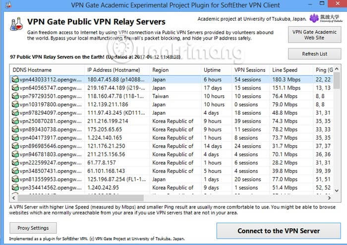 Danh sách các server VPN