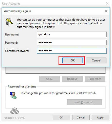 Nhập mật khẩu và xác nhận mật khẩu người dùng một lần nữa
