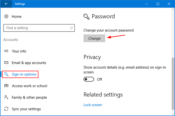 Nhấp vào nút Change trong phần Password ở bên phải