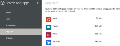 PC Settings>Search and apps>App sizes