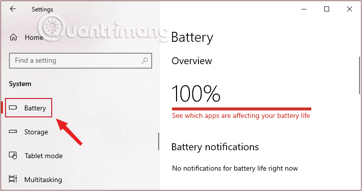 Nhấn chọn thiết lập Battery